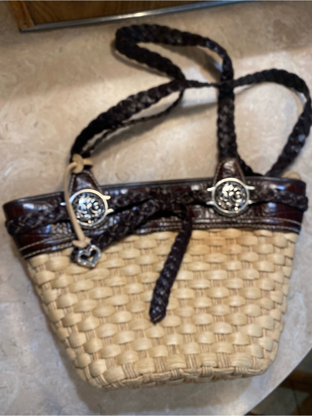 Brighton Beige Straw Tote with Dark Brown Trim and Braided Straps - Picture 3 of 8